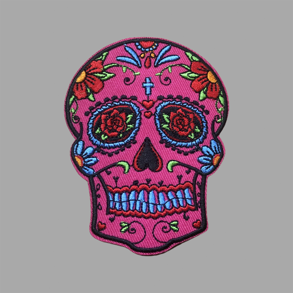 pink sugar skull embroidered patch, mexican skull patch