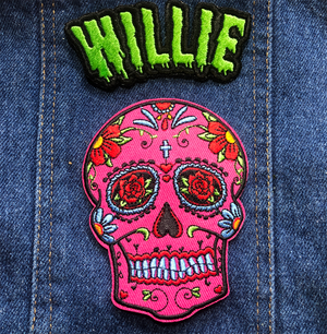 pink sugar skull embroidered patch, mexican skull patch