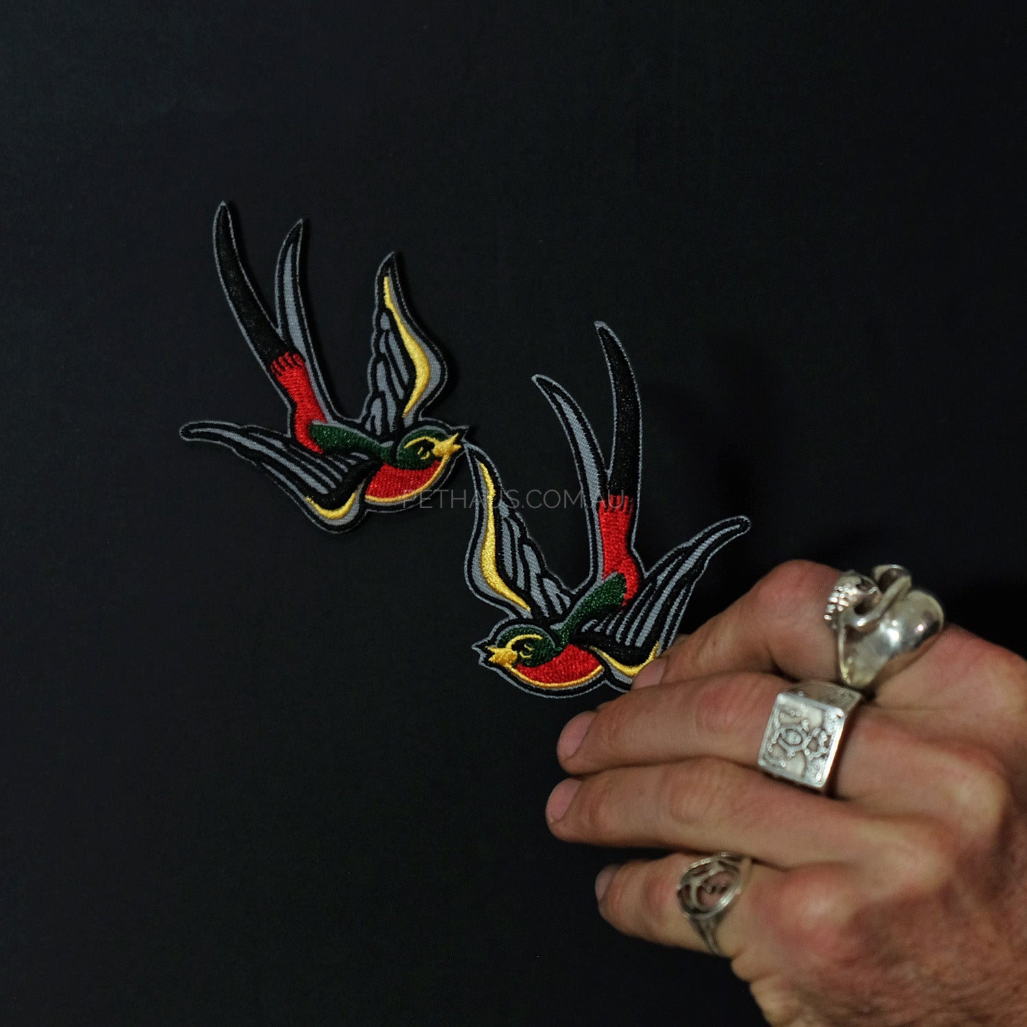 swallows embroided patch, tattoo style patches, dog patches, bird patch