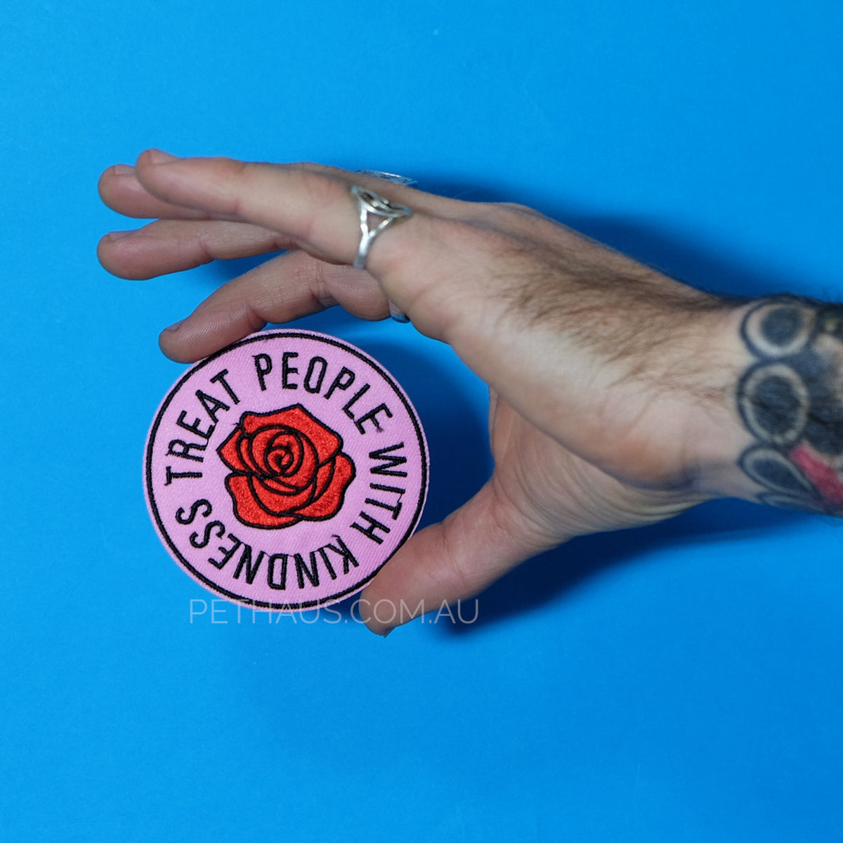 treat people with kindness embroidered patch, rose patch, dog patch