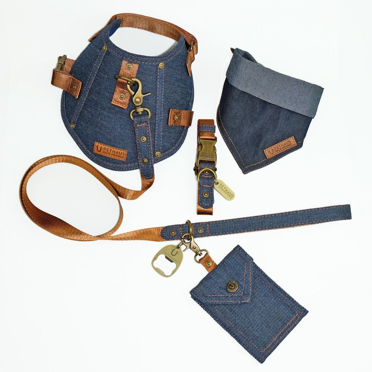 denim dog harness, denim dog collar, denim dog leash, dog collar and leash set, pethaus, designer dog harness, designer dog collar, designer dog leash, Australian dog harness, Australian dog collar, Australian dog leash, denim dog poop bag holder,dog tag 