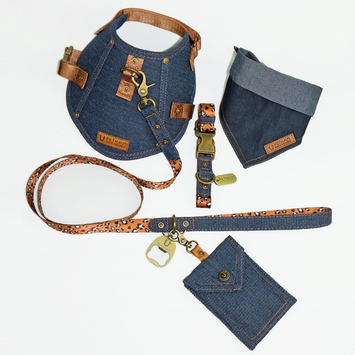 denim dog harness, denim dog collar, denim dog leash, dog collar and leash set, pethaus, designer dog harness, designer dog collar, designer dog leash, Australian dog harness, Australian dog collar, Australian dog leash, denim dog poop bag holder,dog tag 