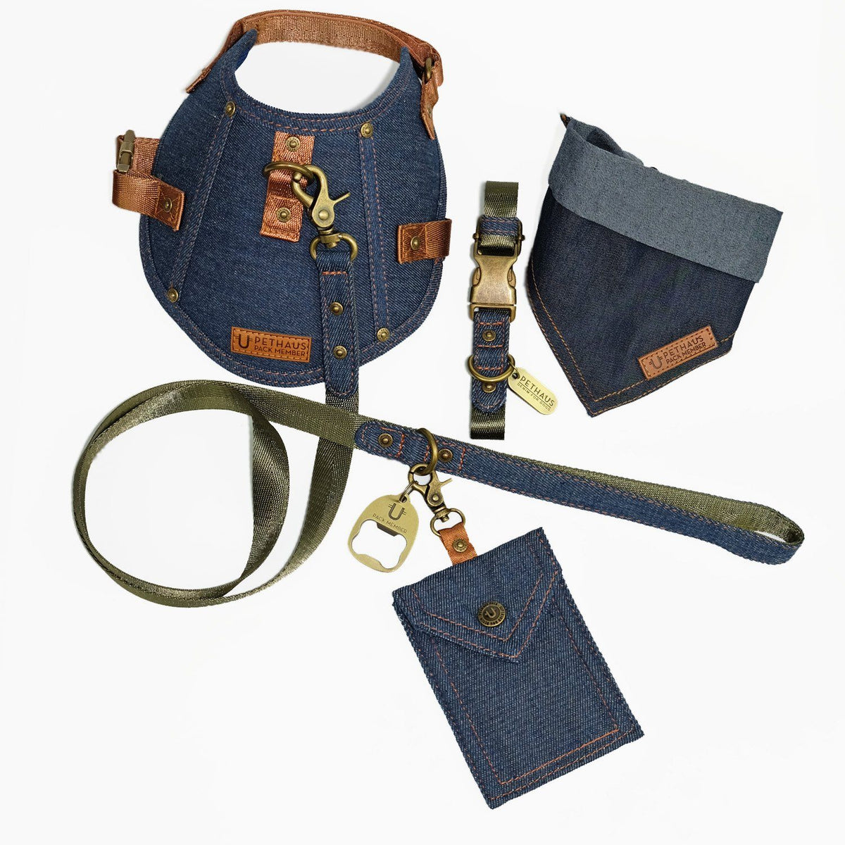 denim dog harness, denim dog collar, denim dog leash, dog collar and leash set, pethaus, designer dog harness, designer dog collar, designer dog leash, Australian dog harness, Australian dog collar, Australian dog leash, denim dog poop bag holder,dog tag 